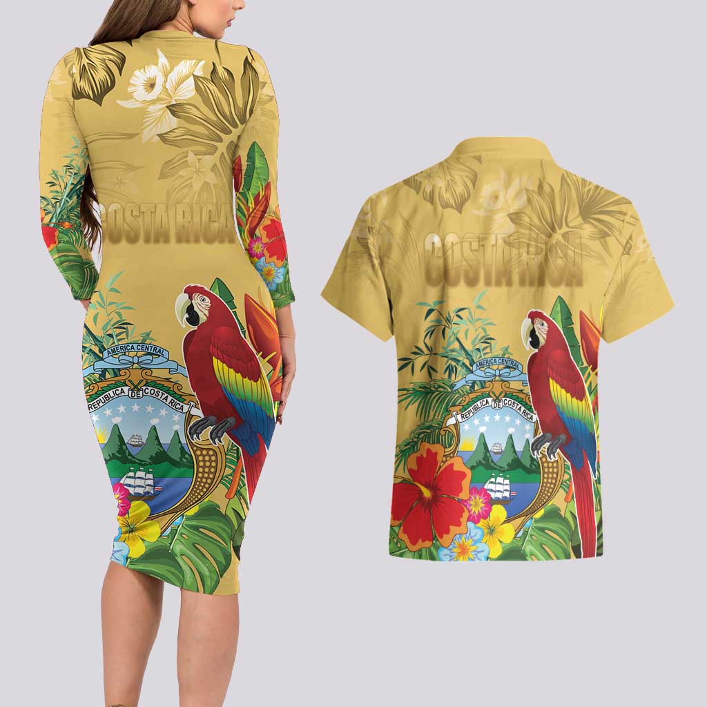 Costa Rica Independence Day Couples Matching Long Sleeve Bodycon Dress and Hawaiian Shirt Scarlet Macaw Parrot Tropical Flowers - Wonder Print Shop