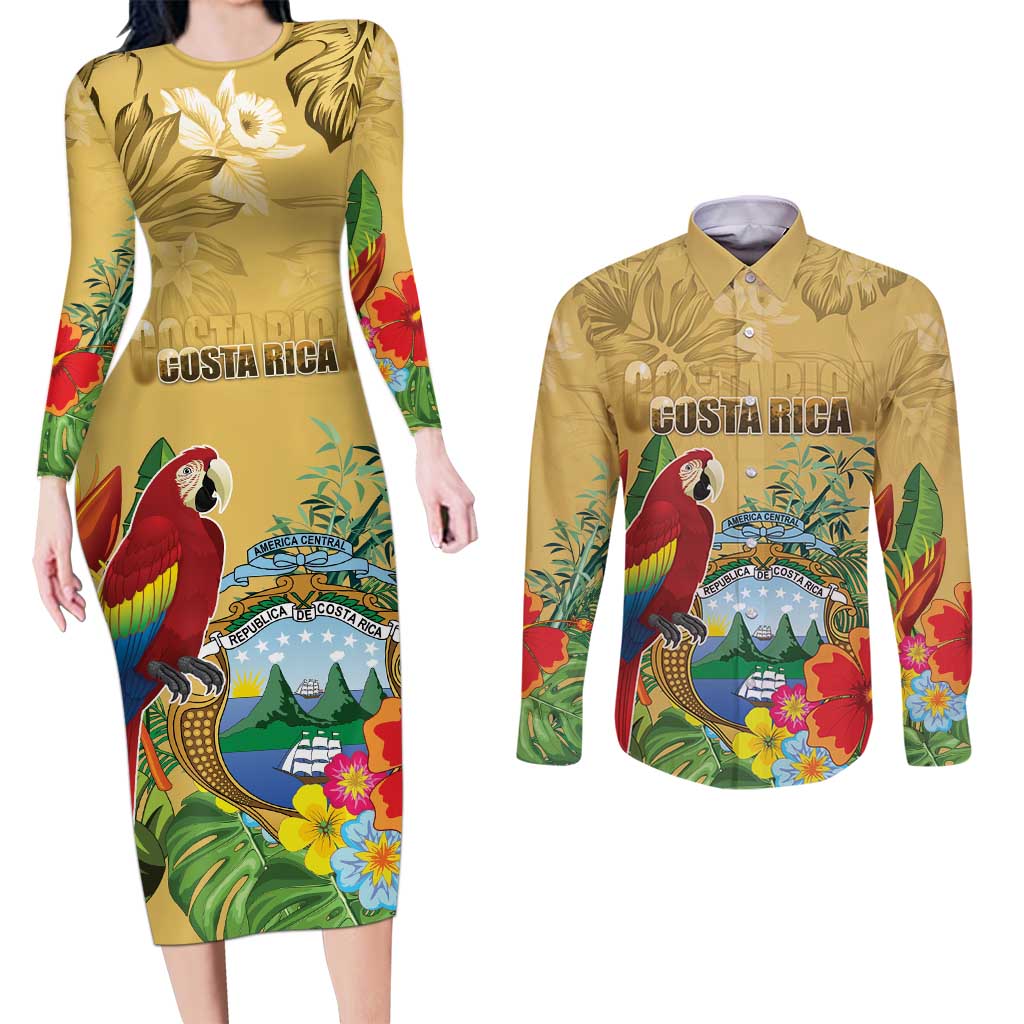 Costa Rica Independence Day Couples Matching Long Sleeve Bodycon Dress and Long Sleeve Button Shirt Scarlet Macaw Parrot Tropical Flowers - Wonder Print Shop