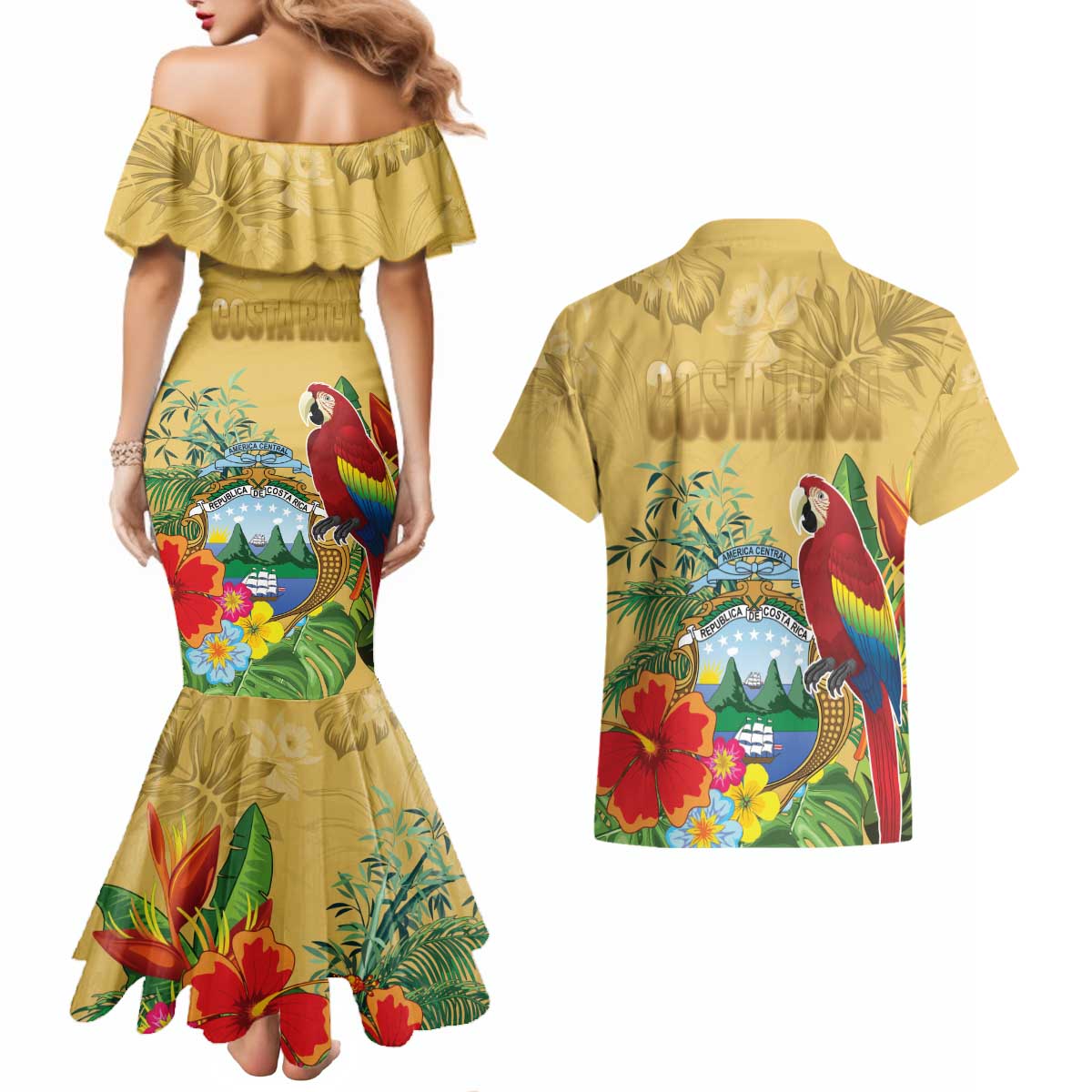 Costa Rica Independence Day Couples Matching Mermaid Dress and Hawaiian Shirt Scarlet Macaw Parrot Tropical Flowers - Wonder Print Shop