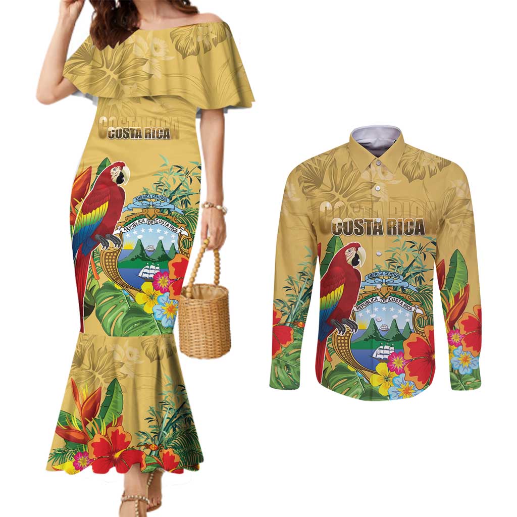 Costa Rica Independence Day Couples Matching Mermaid Dress and Long Sleeve Button Shirt Scarlet Macaw Parrot Tropical Flowers - Wonder Print Shop