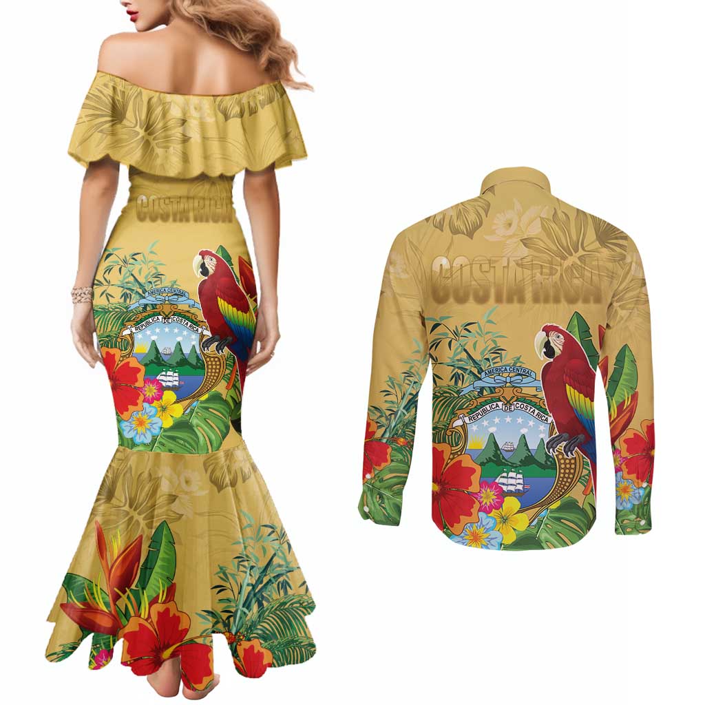 Costa Rica Independence Day Couples Matching Mermaid Dress and Long Sleeve Button Shirt Scarlet Macaw Parrot Tropical Flowers - Wonder Print Shop