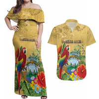 Costa Rica Independence Day Couples Matching Off Shoulder Maxi Dress and Hawaiian Shirt Scarlet Macaw Parrot Tropical Flowers - Wonder Print Shop