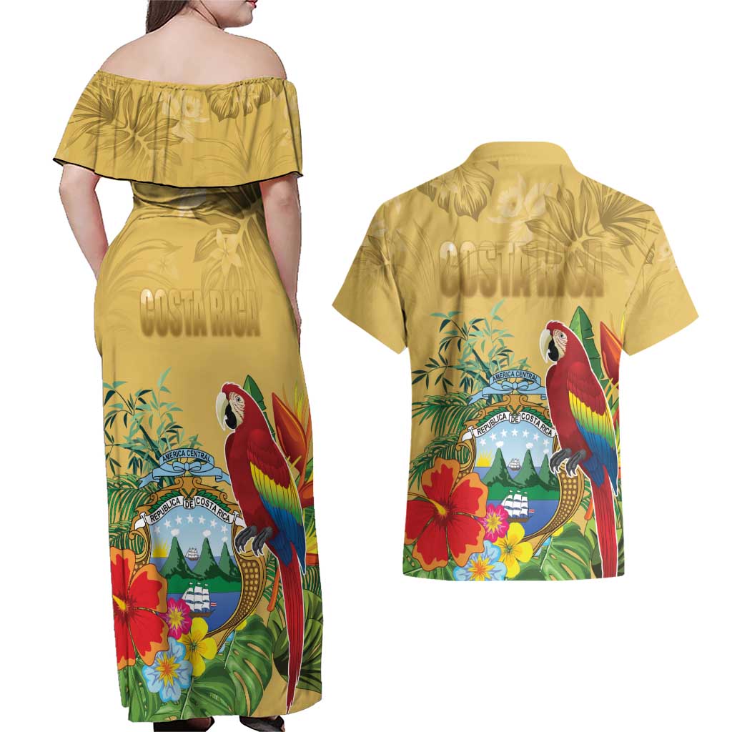 Costa Rica Independence Day Couples Matching Off Shoulder Maxi Dress and Hawaiian Shirt Scarlet Macaw Parrot Tropical Flowers - Wonder Print Shop