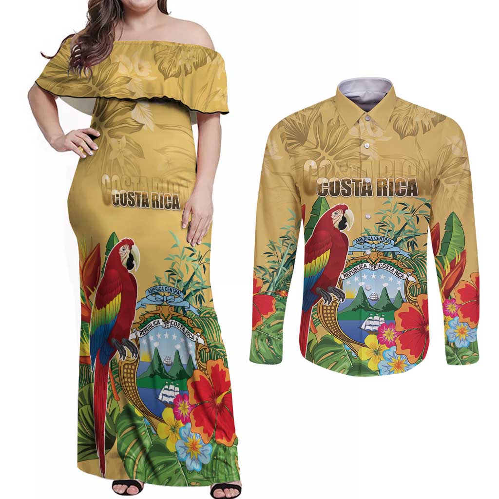 Costa Rica Independence Day Couples Matching Off Shoulder Maxi Dress and Long Sleeve Button Shirt Scarlet Macaw Parrot Tropical Flowers - Wonder Print Shop