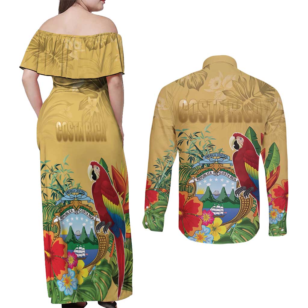 Costa Rica Independence Day Couples Matching Off Shoulder Maxi Dress and Long Sleeve Button Shirt Scarlet Macaw Parrot Tropical Flowers - Wonder Print Shop