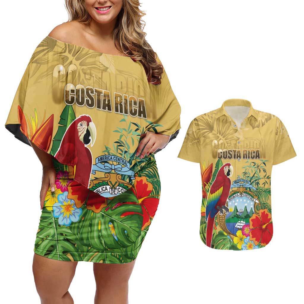 Costa Rica Independence Day Couples Matching Off Shoulder Short Dress and Hawaiian Shirt Scarlet Macaw Parrot Tropical Flowers - Wonder Print Shop