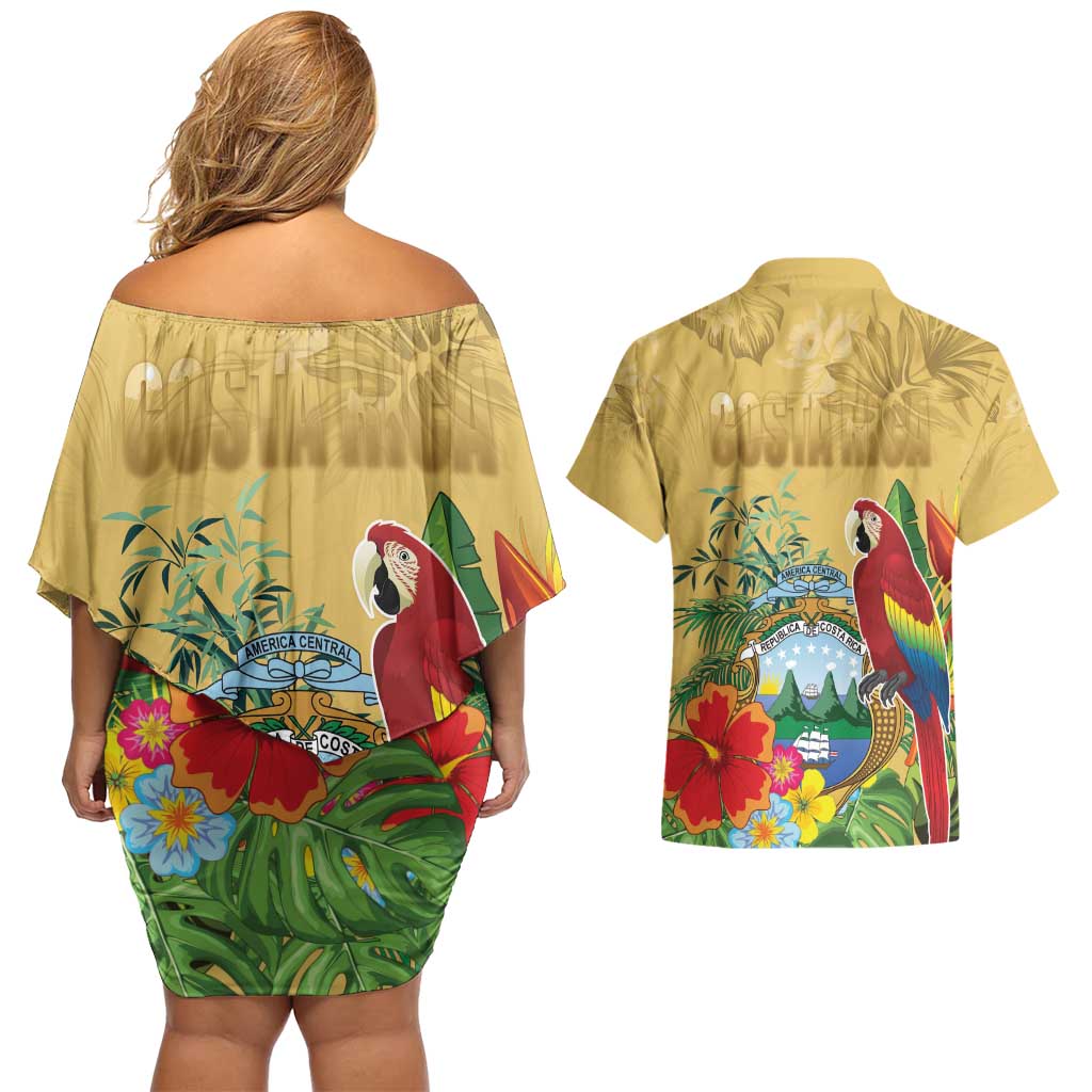 Costa Rica Independence Day Couples Matching Off Shoulder Short Dress and Hawaiian Shirt Scarlet Macaw Parrot Tropical Flowers - Wonder Print Shop