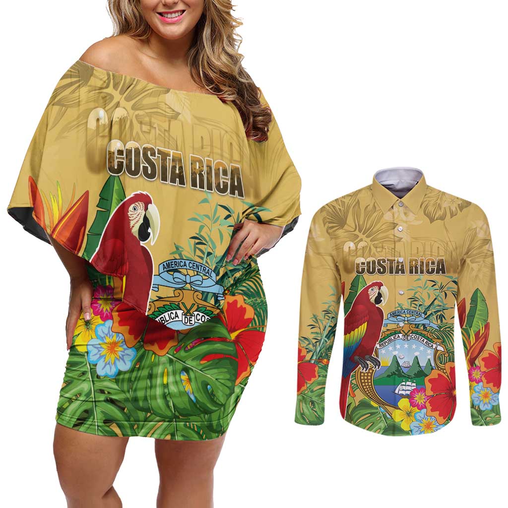 Costa Rica Independence Day Couples Matching Off Shoulder Short Dress and Long Sleeve Button Shirt Scarlet Macaw Parrot Tropical Flowers - Wonder Print Shop