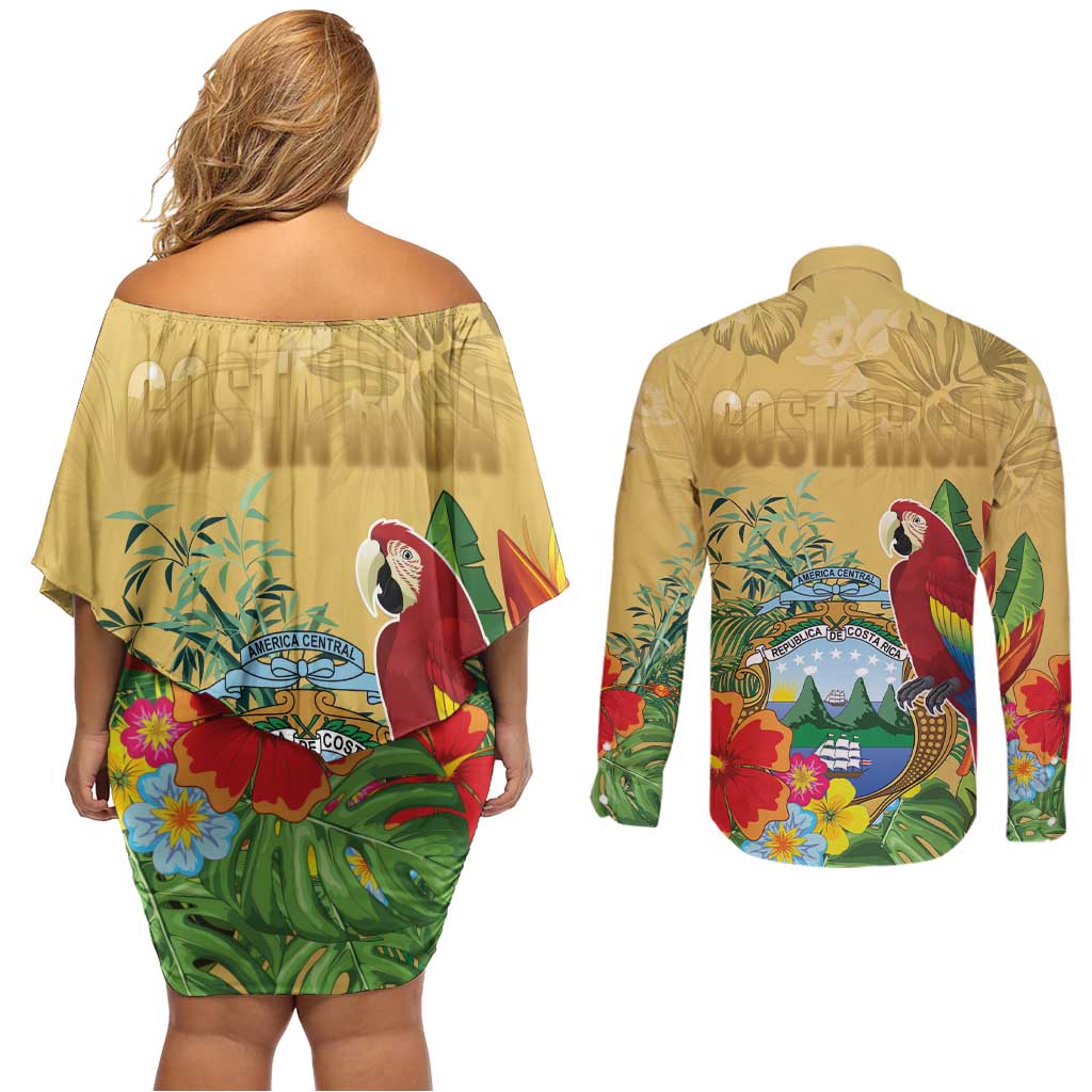 Costa Rica Independence Day Couples Matching Off Shoulder Short Dress and Long Sleeve Button Shirt Scarlet Macaw Parrot Tropical Flowers - Wonder Print Shop