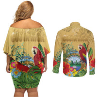 Costa Rica Independence Day Couples Matching Off Shoulder Short Dress and Long Sleeve Button Shirt Scarlet Macaw Parrot Tropical Flowers - Wonder Print Shop
