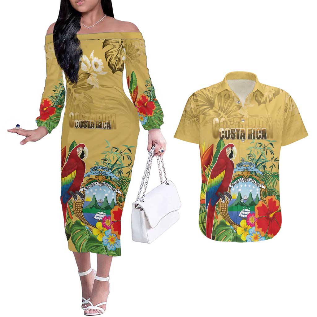 Costa Rica Independence Day Couples Matching Off The Shoulder Long Sleeve Dress and Hawaiian Shirt Scarlet Macaw Parrot Tropical Flowers - Wonder Print Shop