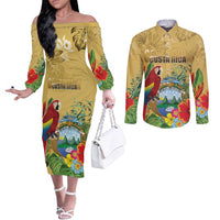Costa Rica Independence Day Couples Matching Off The Shoulder Long Sleeve Dress and Long Sleeve Button Shirt Scarlet Macaw Parrot Tropical Flowers - Wonder Print Shop