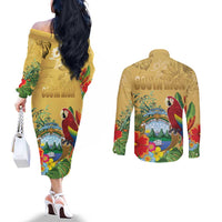 Costa Rica Independence Day Couples Matching Off The Shoulder Long Sleeve Dress and Long Sleeve Button Shirt Scarlet Macaw Parrot Tropical Flowers - Wonder Print Shop