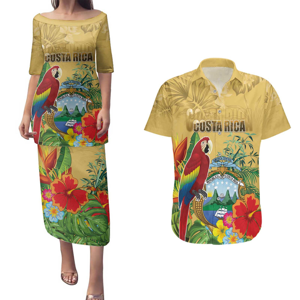 Costa Rica Independence Day Couples Matching Puletasi and Hawaiian Shirt Scarlet Macaw Parrot Tropical Flowers - Wonder Print Shop