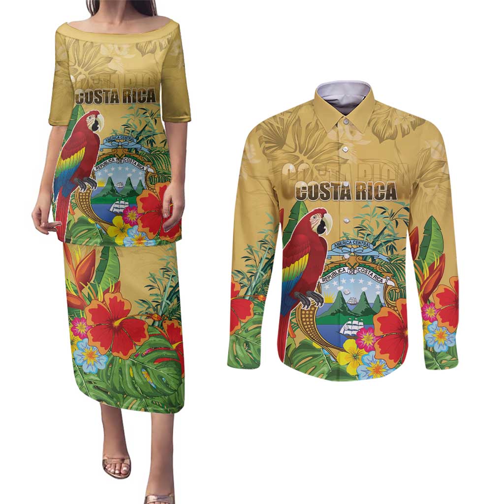 Costa Rica Independence Day Couples Matching Puletasi and Long Sleeve Button Shirt Scarlet Macaw Parrot Tropical Flowers - Wonder Print Shop