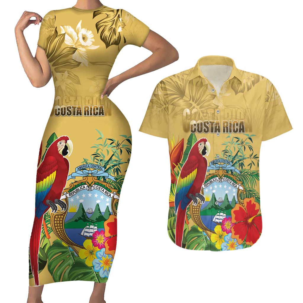 Costa Rica Independence Day Couples Matching Short Sleeve Bodycon Dress and Hawaiian Shirt Scarlet Macaw Parrot Tropical Flowers - Wonder Print Shop