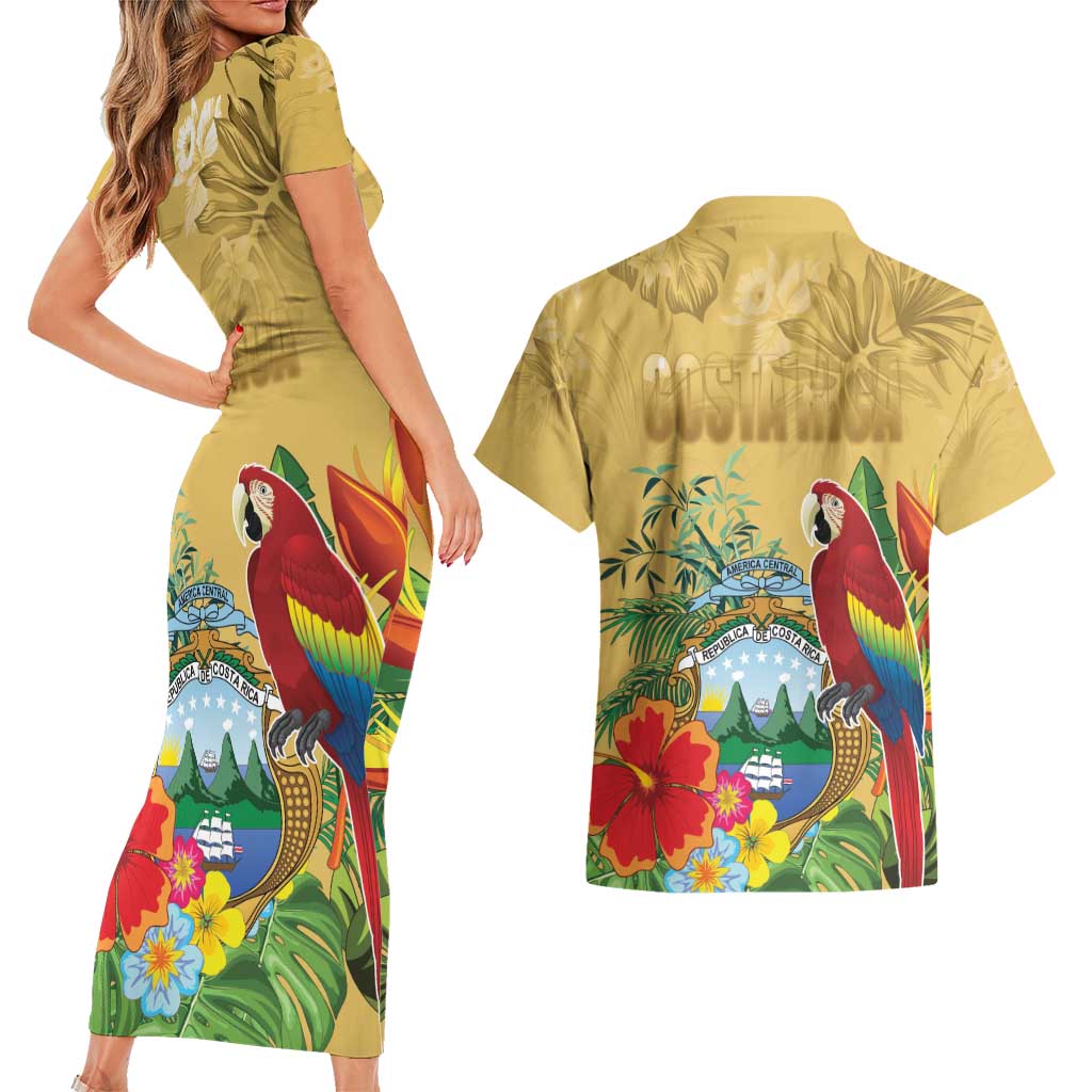 Costa Rica Independence Day Couples Matching Short Sleeve Bodycon Dress and Hawaiian Shirt Scarlet Macaw Parrot Tropical Flowers - Wonder Print Shop