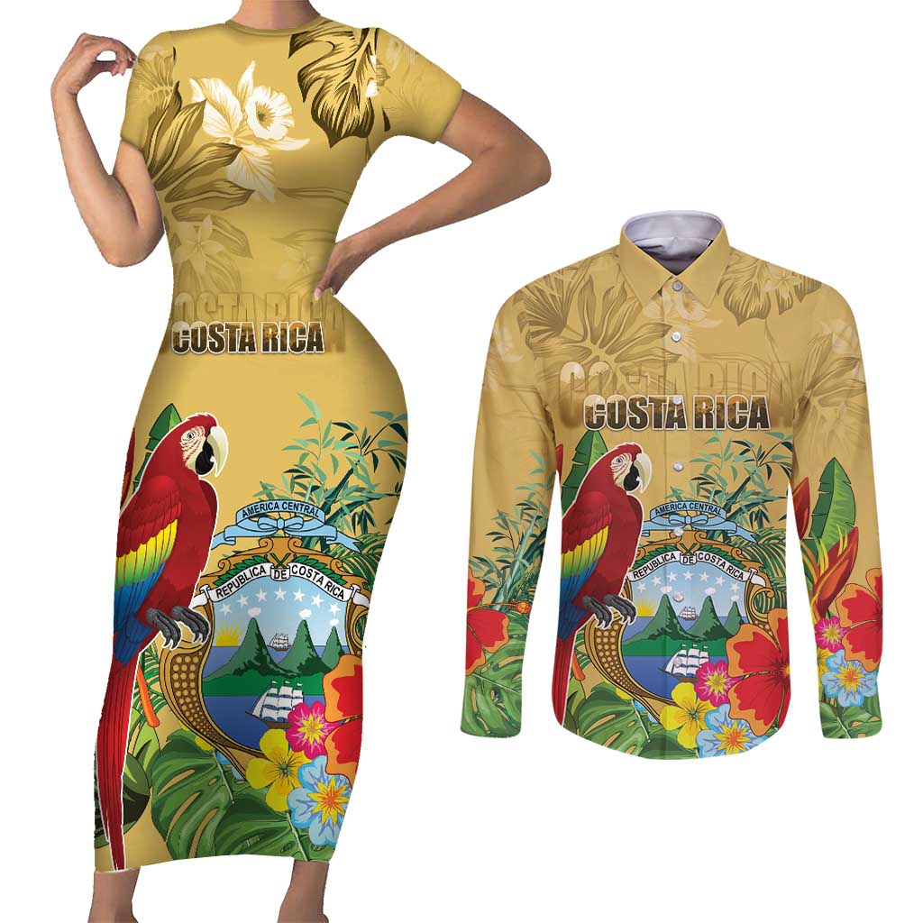 Costa Rica Independence Day Couples Matching Short Sleeve Bodycon Dress and Long Sleeve Button Shirt Scarlet Macaw Parrot Tropical Flowers - Wonder Print Shop