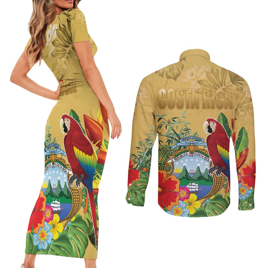 Costa Rica Independence Day Couples Matching Short Sleeve Bodycon Dress and Long Sleeve Button Shirt Scarlet Macaw Parrot Tropical Flowers - Wonder Print Shop