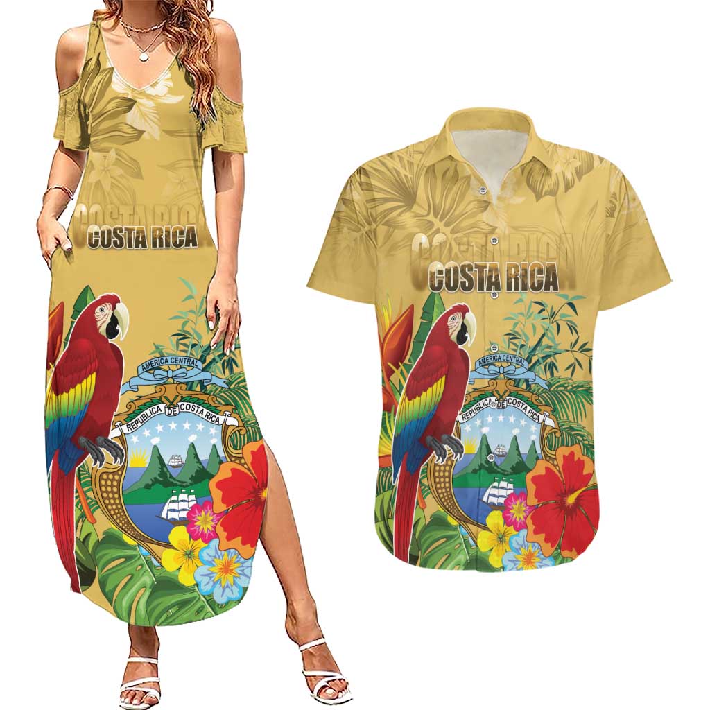 Costa Rica Independence Day Couples Matching Summer Maxi Dress and Hawaiian Shirt Scarlet Macaw Parrot Tropical Flowers - Wonder Print Shop