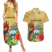 Costa Rica Independence Day Couples Matching Summer Maxi Dress and Hawaiian Shirt Scarlet Macaw Parrot Tropical Flowers - Wonder Print Shop