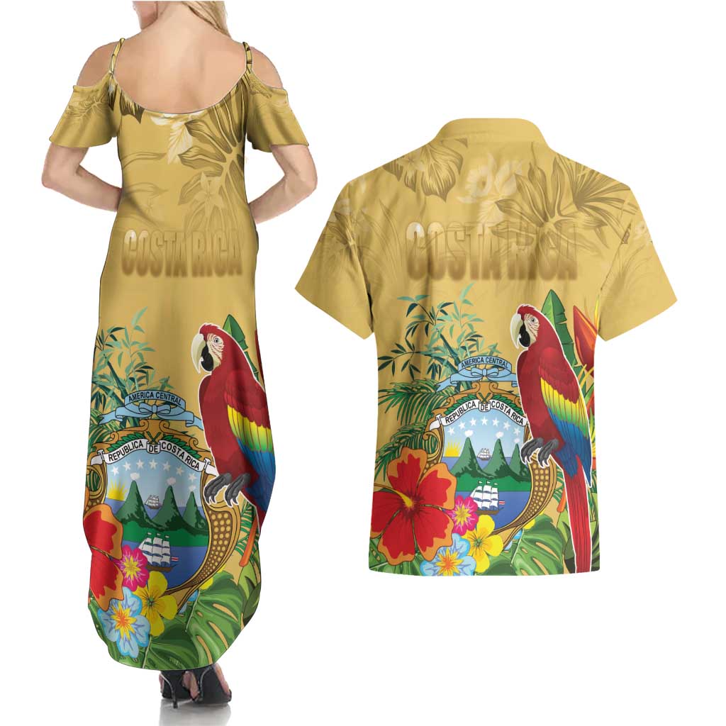Costa Rica Independence Day Couples Matching Summer Maxi Dress and Hawaiian Shirt Scarlet Macaw Parrot Tropical Flowers - Wonder Print Shop