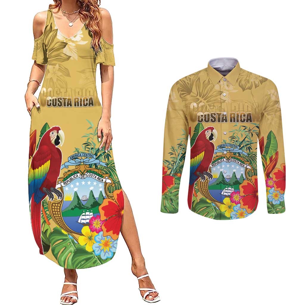 Costa Rica Independence Day Couples Matching Summer Maxi Dress and Long Sleeve Button Shirt Scarlet Macaw Parrot Tropical Flowers - Wonder Print Shop