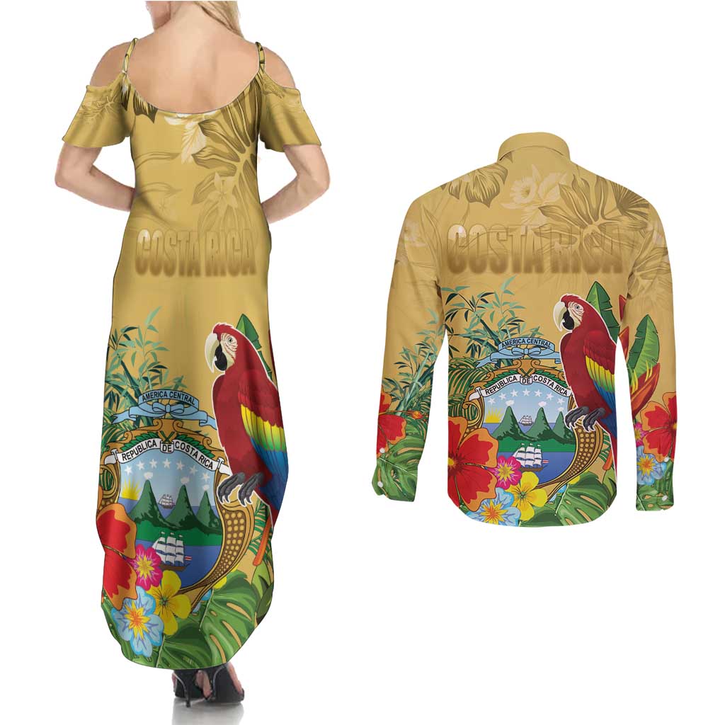 Costa Rica Independence Day Couples Matching Summer Maxi Dress and Long Sleeve Button Shirt Scarlet Macaw Parrot Tropical Flowers - Wonder Print Shop