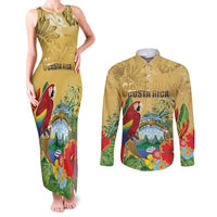Costa Rica Independence Day Couples Matching Tank Maxi Dress and Long Sleeve Button Shirt Scarlet Macaw Parrot Tropical Flowers - Wonder Print Shop