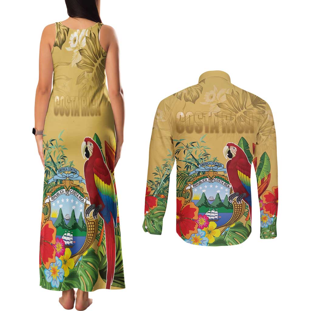 Costa Rica Independence Day Couples Matching Tank Maxi Dress and Long Sleeve Button Shirt Scarlet Macaw Parrot Tropical Flowers - Wonder Print Shop
