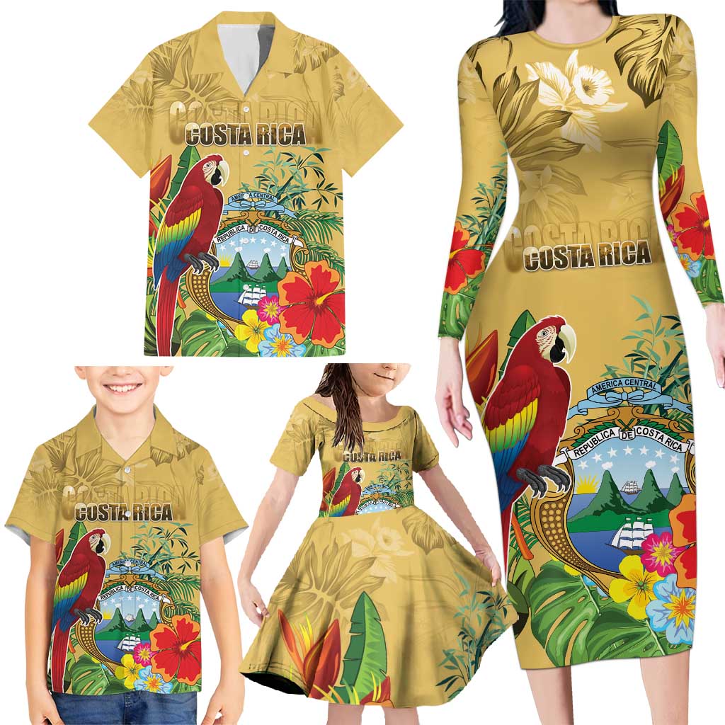 Costa Rica Independence Day Family Matching Long Sleeve Bodycon Dress and Hawaiian Shirt Scarlet Macaw Parrot Tropical Flowers - Wonder Print Shop