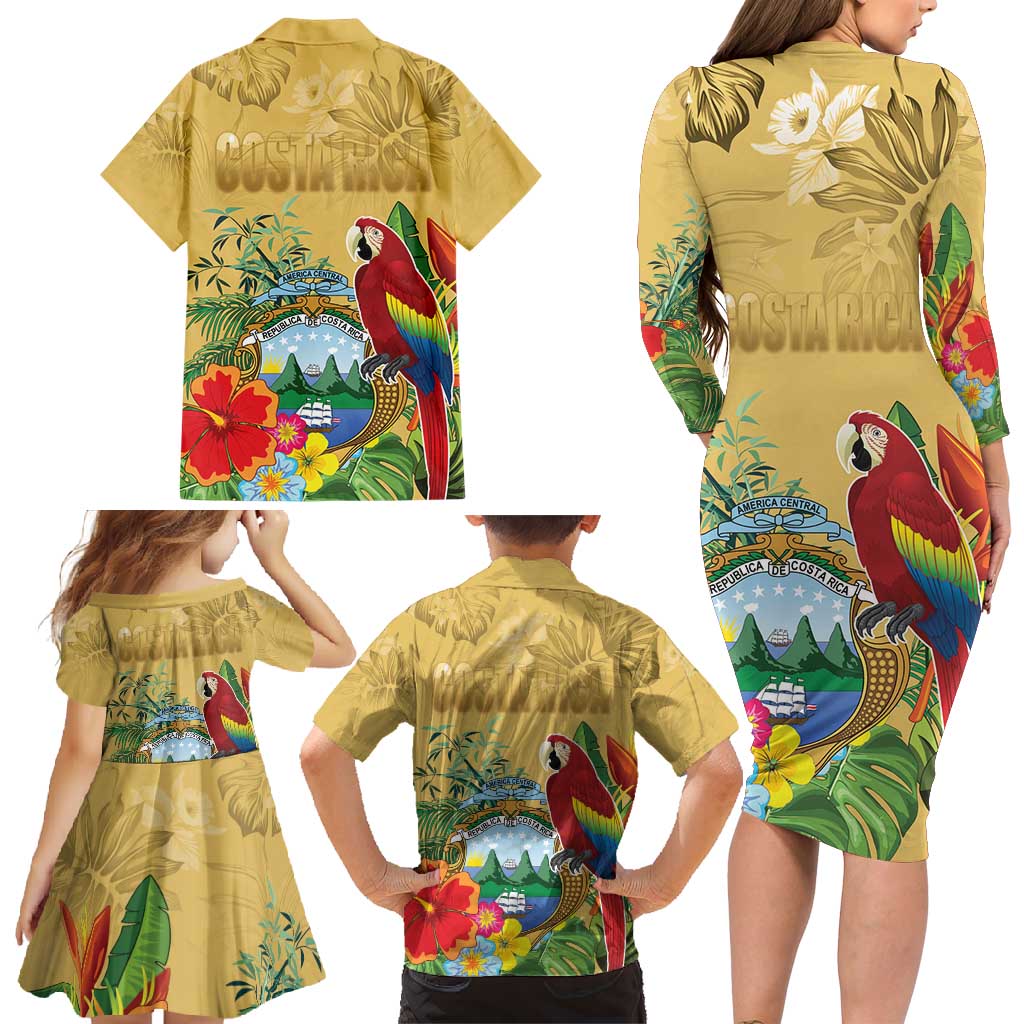 Costa Rica Independence Day Family Matching Long Sleeve Bodycon Dress and Hawaiian Shirt Scarlet Macaw Parrot Tropical Flowers - Wonder Print Shop