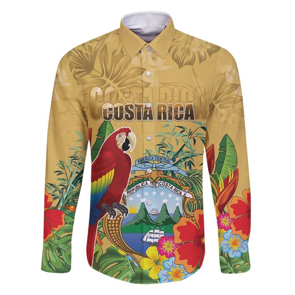Costa Rica Independence Day Family Matching Long Sleeve Bodycon Dress and Hawaiian Shirt Scarlet Macaw Parrot Tropical Flowers - Wonder Print Shop