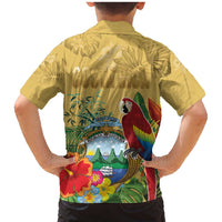Costa Rica Independence Day Family Matching Mermaid Dress and Hawaiian Shirt Scarlet Macaw Parrot Tropical Flowers - Wonder Print Shop