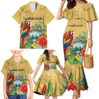Costa Rica Independence Day Family Matching Mermaid Dress and Hawaiian Shirt Scarlet Macaw Parrot Tropical Flowers - Wonder Print Shop