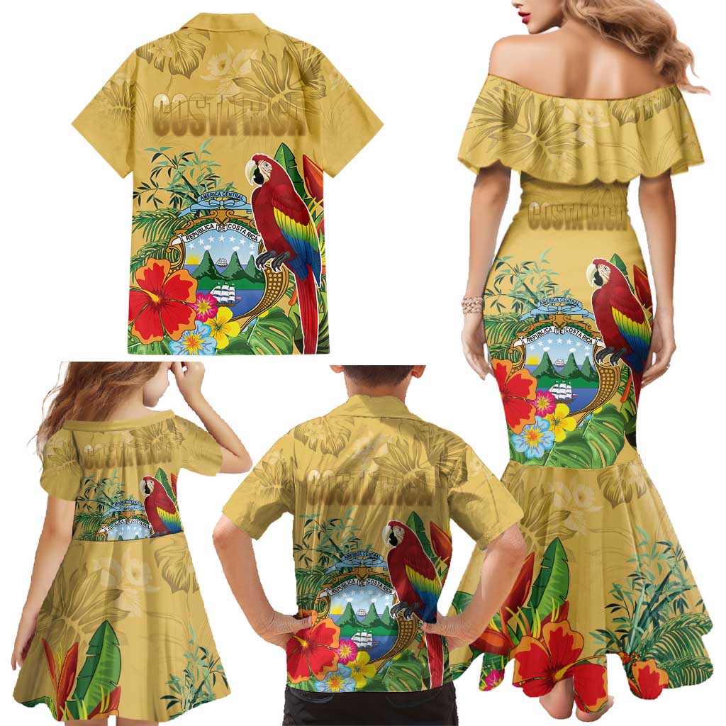 Costa Rica Independence Day Family Matching Mermaid Dress and Hawaiian Shirt Scarlet Macaw Parrot Tropical Flowers - Wonder Print Shop