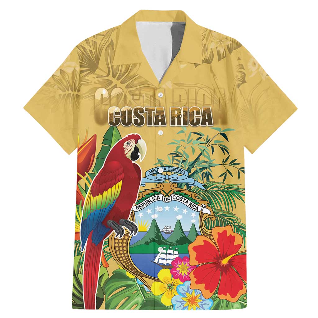 Costa Rica Independence Day Family Matching Mermaid Dress and Hawaiian Shirt Scarlet Macaw Parrot Tropical Flowers - Wonder Print Shop
