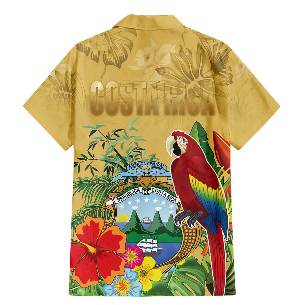 Costa Rica Independence Day Family Matching Mermaid Dress and Hawaiian Shirt Scarlet Macaw Parrot Tropical Flowers - Wonder Print Shop