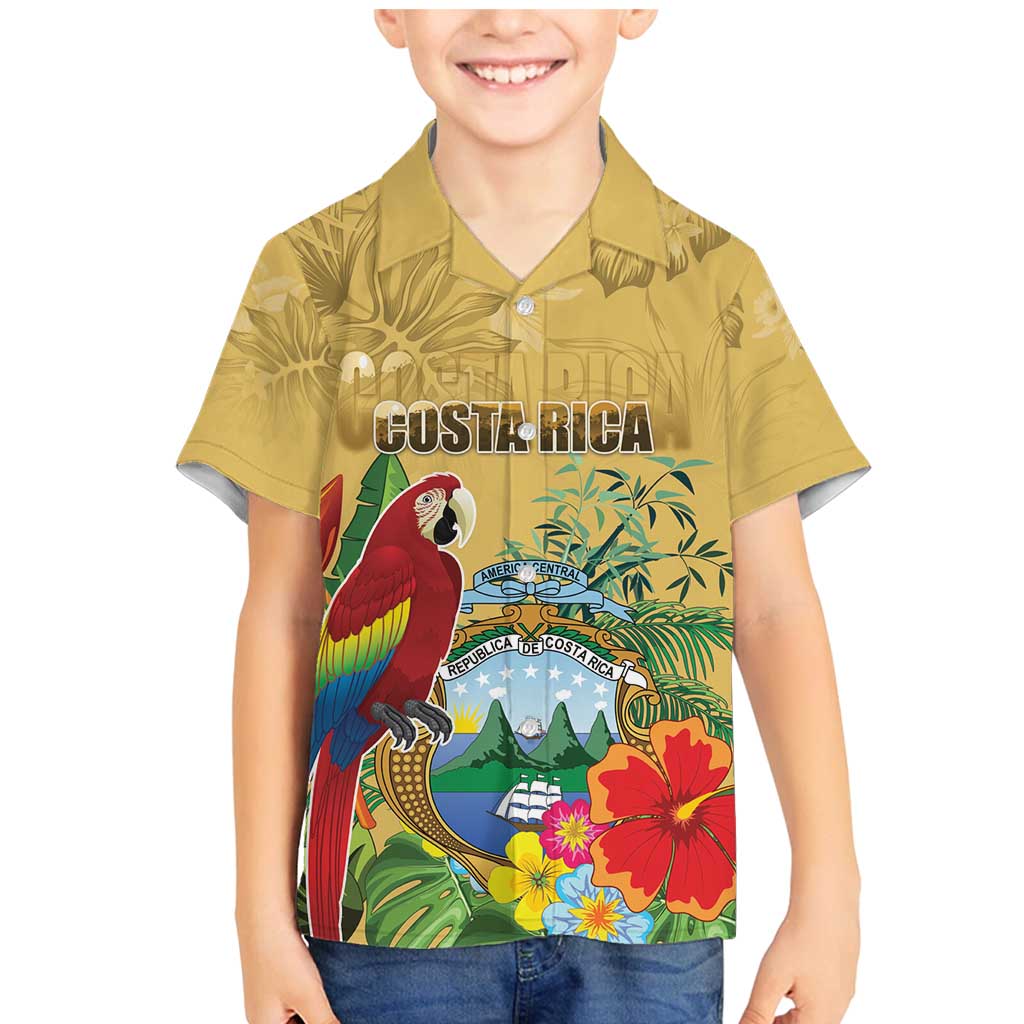 Costa Rica Independence Day Family Matching Mermaid Dress and Hawaiian Shirt Scarlet Macaw Parrot Tropical Flowers - Wonder Print Shop