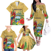Costa Rica Independence Day Family Matching Off The Shoulder Long Sleeve Dress and Hawaiian Shirt Scarlet Macaw Parrot Tropical Flowers - Wonder Print Shop