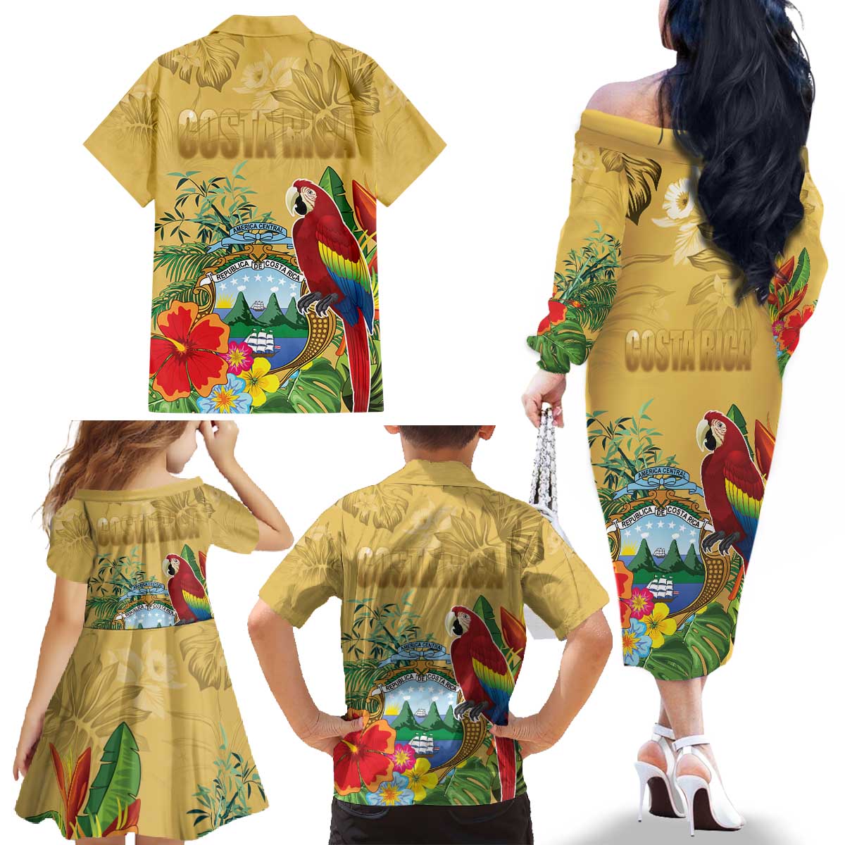 Costa Rica Independence Day Family Matching Off The Shoulder Long Sleeve Dress and Hawaiian Shirt Scarlet Macaw Parrot Tropical Flowers - Wonder Print Shop