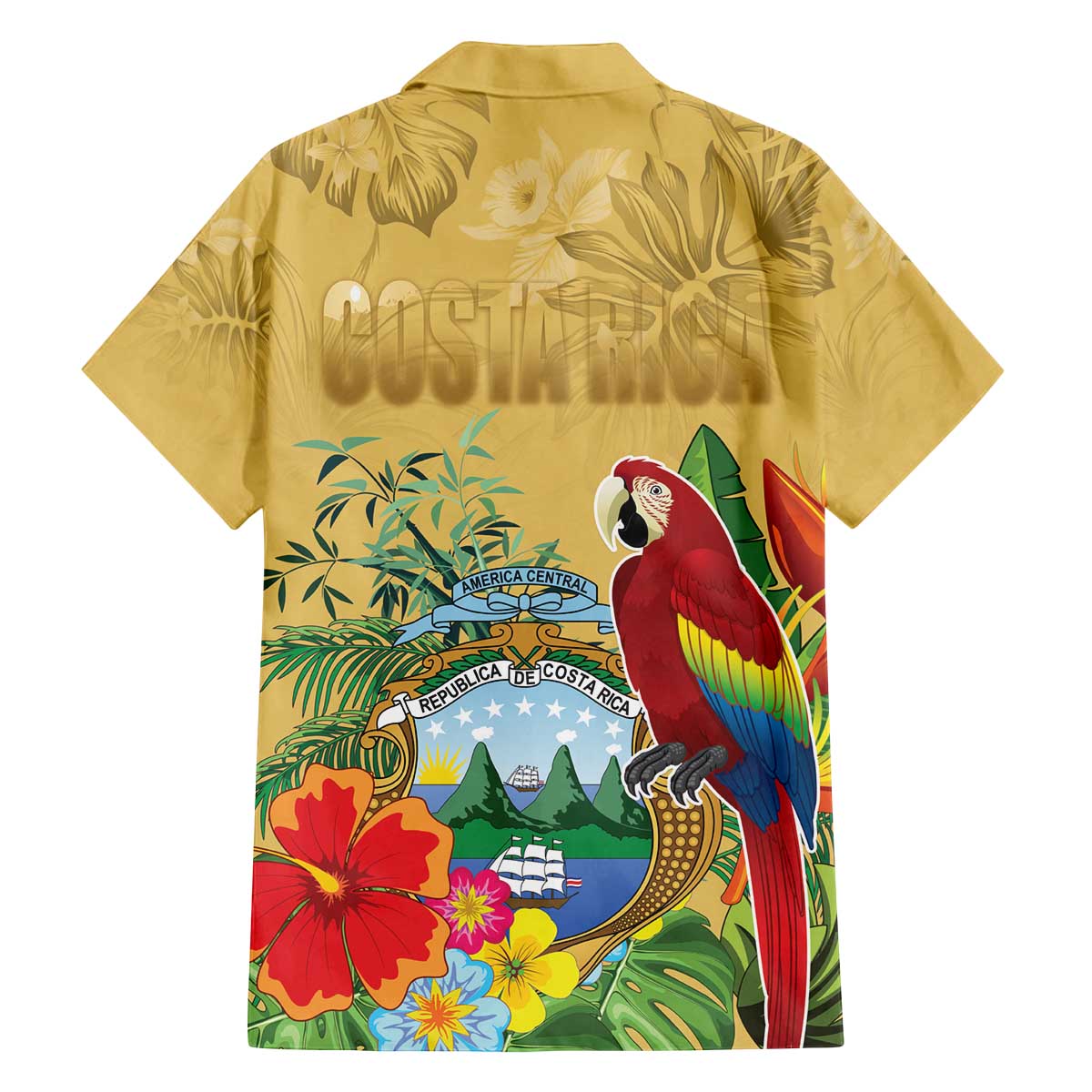 Costa Rica Independence Day Family Matching Off The Shoulder Long Sleeve Dress and Hawaiian Shirt Scarlet Macaw Parrot Tropical Flowers - Wonder Print Shop