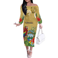 Costa Rica Independence Day Family Matching Off The Shoulder Long Sleeve Dress and Hawaiian Shirt Scarlet Macaw Parrot Tropical Flowers - Wonder Print Shop