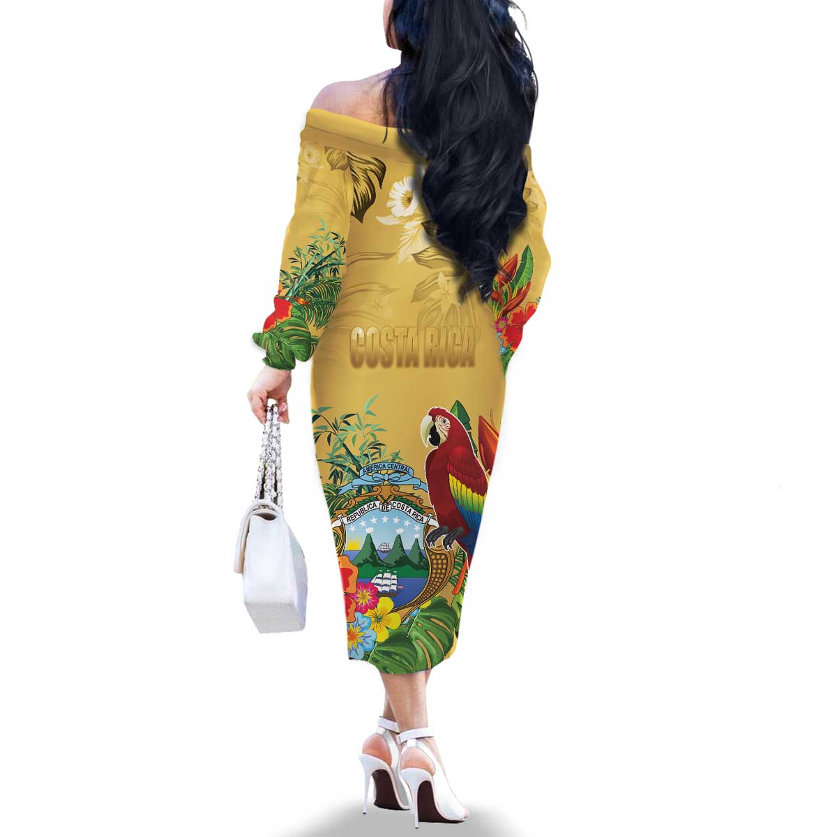 Costa Rica Independence Day Family Matching Off The Shoulder Long Sleeve Dress and Hawaiian Shirt Scarlet Macaw Parrot Tropical Flowers - Wonder Print Shop