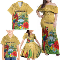 Costa Rica Independence Day Family Matching Off Shoulder Maxi Dress and Hawaiian Shirt Scarlet Macaw Parrot Tropical Flowers - Wonder Print Shop