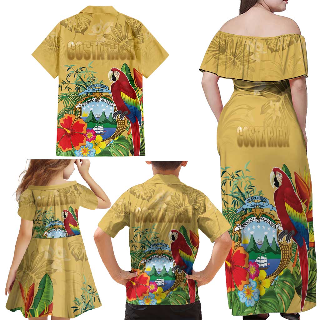 Costa Rica Independence Day Family Matching Off Shoulder Maxi Dress and Hawaiian Shirt Scarlet Macaw Parrot Tropical Flowers - Wonder Print Shop