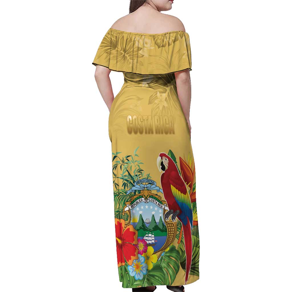 Costa Rica Independence Day Family Matching Off Shoulder Maxi Dress and Hawaiian Shirt Scarlet Macaw Parrot Tropical Flowers - Wonder Print Shop