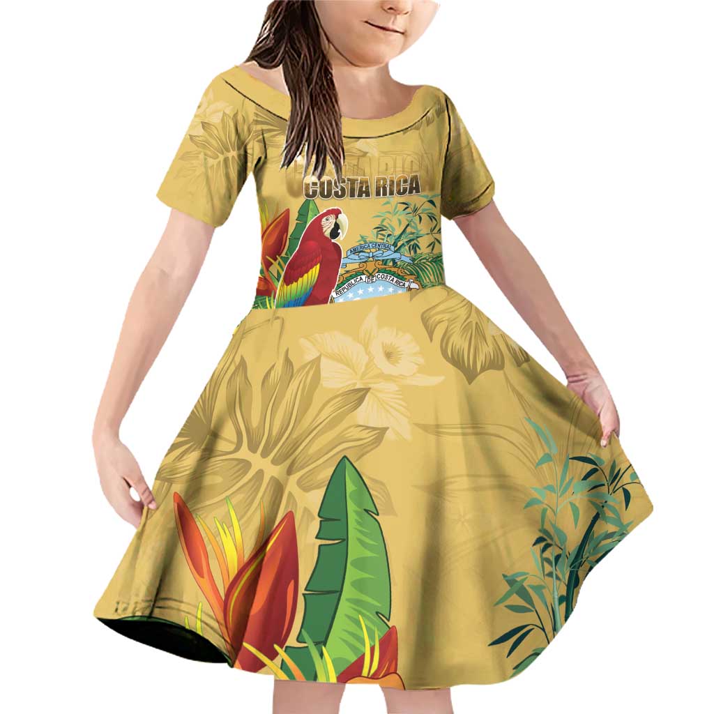 Costa Rica Independence Day Family Matching Off Shoulder Short Dress and Hawaiian Shirt Scarlet Macaw Parrot Tropical Flowers - Wonder Print Shop