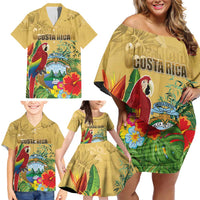 Costa Rica Independence Day Family Matching Off Shoulder Short Dress and Hawaiian Shirt Scarlet Macaw Parrot Tropical Flowers - Wonder Print Shop