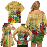 Costa Rica Independence Day Family Matching Off Shoulder Short Dress and Hawaiian Shirt Scarlet Macaw Parrot Tropical Flowers - Wonder Print Shop